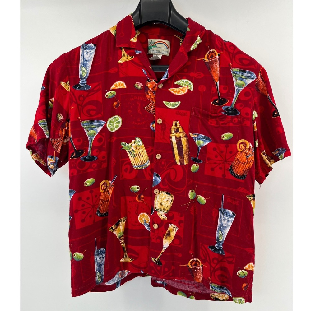 Paradise Found Cocktail Shirt Mens Large Red Vintage Rayon Hawaii Made USA